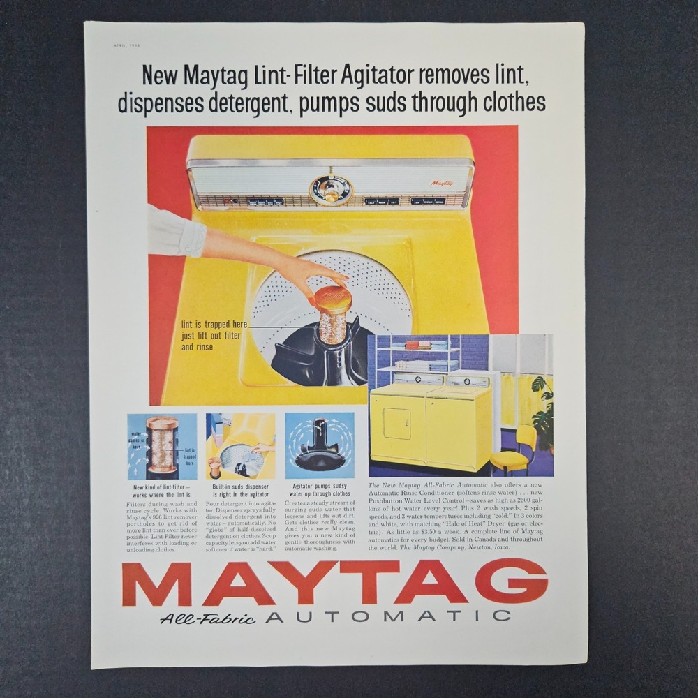 1958 Maytag All-Fabric Automatic‎ Washer & Dryer Vintage Print Ad Newton IA Halo